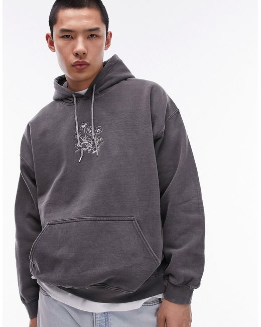 Topman oversized hoodie with pansy chest embroidery washed