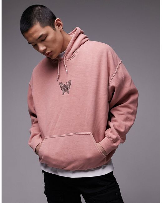 Topman oversized fit hoodie with butterfly embroidery washed