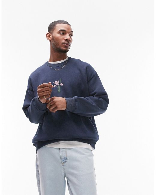 Topman oversized fit sweatshirt with floral embroidery washed