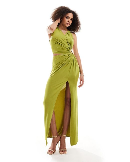 Asos Design cut out ruched detail maxi dress with slit olive