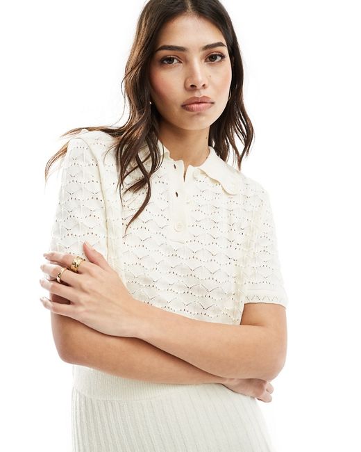 Asos Design knit polo top with stitch detail cream-