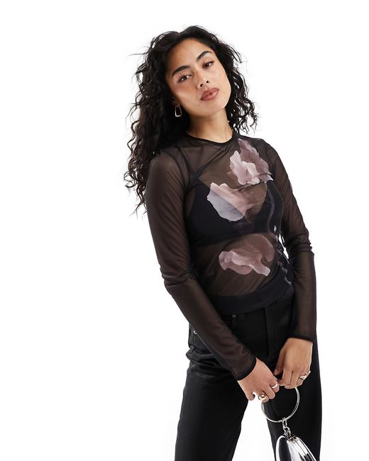 Other Stories mesh long sleeve top with floral front print