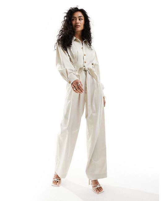 Other Stories long sleeve jumpsuit with button front and tie waist light