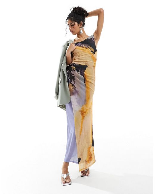 Asos Design mesh off shoulder drape midi dress tonal print-