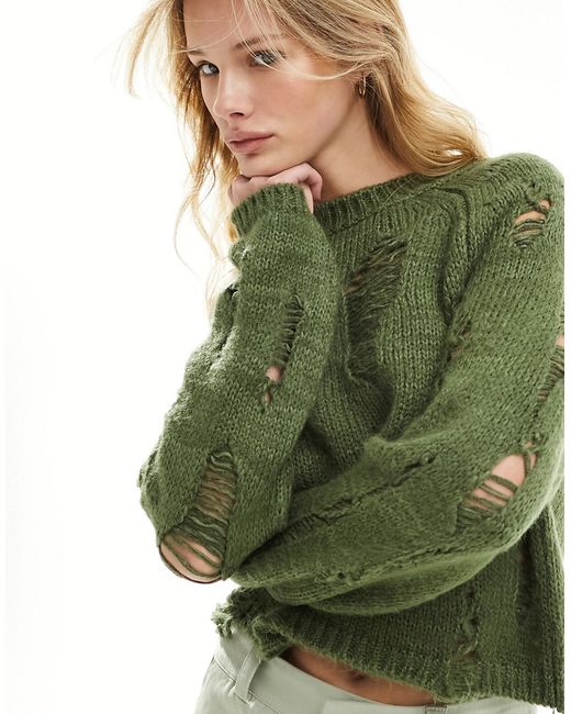 Asos Design crop cotton cable ladder stitch sweater khaki-