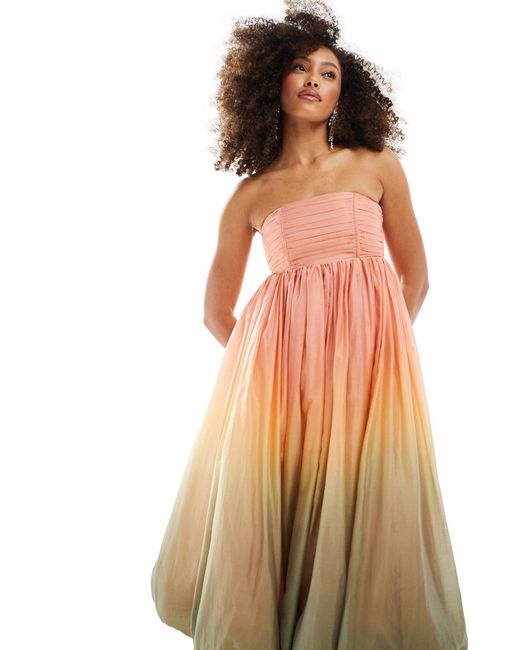 Other Stories strapless midaxi dress with bubble hem soft peach and sage ombre print-