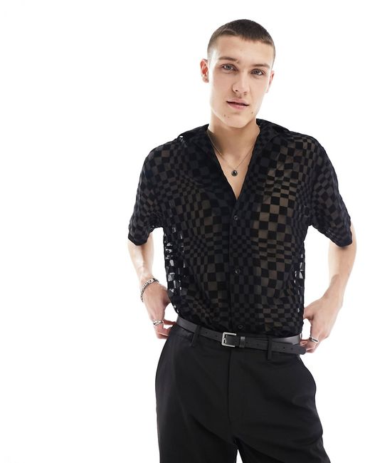 Twisted Tailor checkerboard burnout short sleeve camp collar shirt