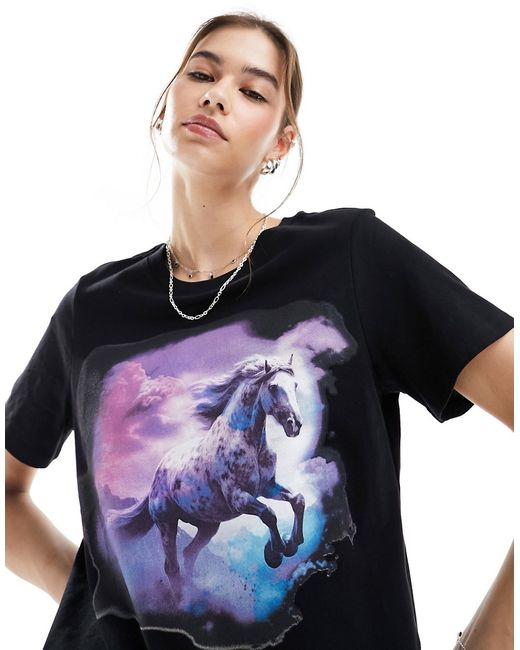 Monki short sleeve t-shirt black with wild horse front print-
