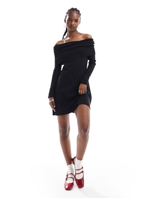 Monki jersey mini dress with ruched off shoulder detail