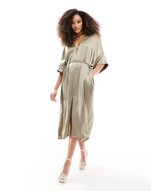 Other Stories relaxed belted satin midi dress with front split light mole-