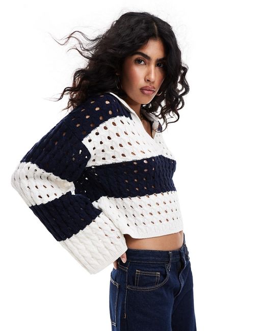 Miss Selfridge striped open stitch crochet long sleeve polo sweater-