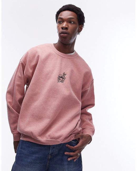 Topman oversized fit sweatshirt with skull tattoo embroidery washed
