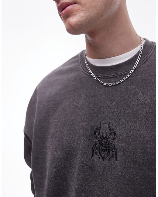 Topman oversized fit sweatshirt with spider tattoo embroidery washed