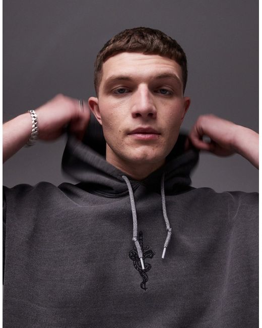 Topman oversized fit hoodie with dagger tattoo embroidery washed