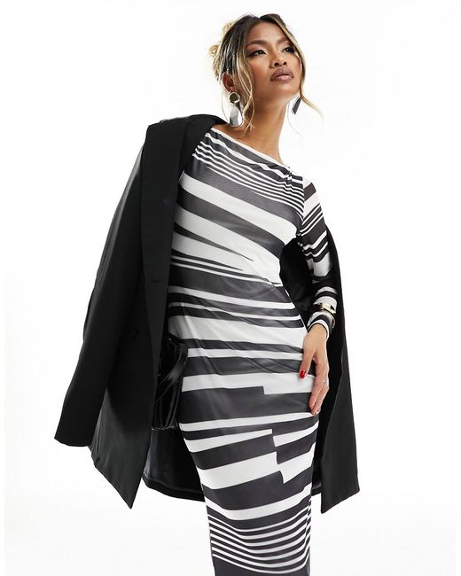 Asos Design printed mesh maxi dress mono stripe-