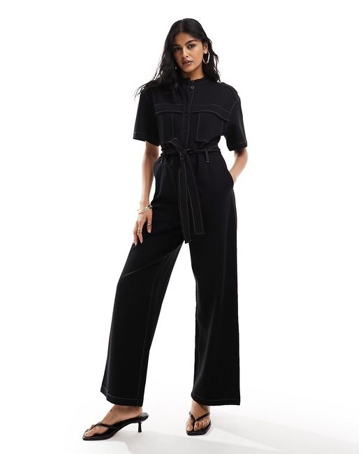 Other Stories wide leg stretch jumpsuit with tie waist and utility pockets