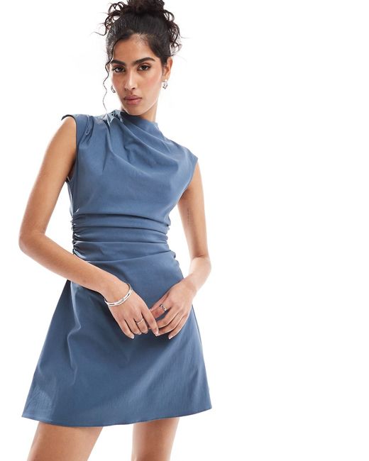 Asos Design bengaline high neck sleeveless mini dress with ruching detail denim