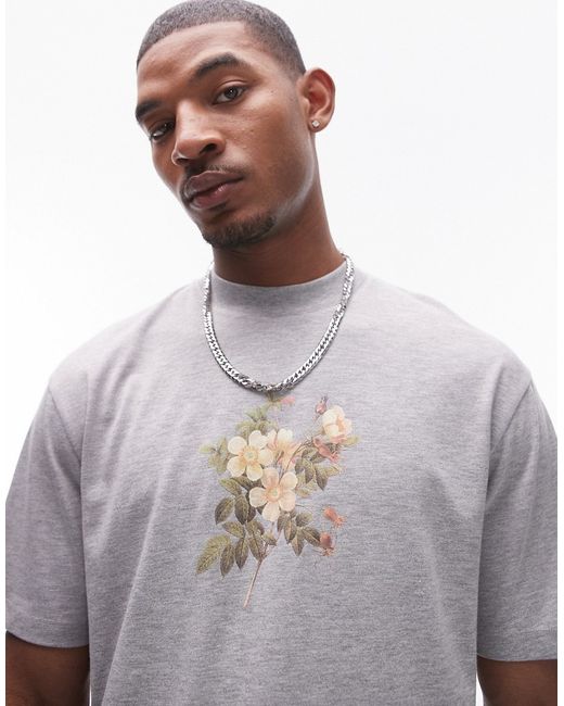 Topman premium oversized fit T-shirt with rose embroidery print heather