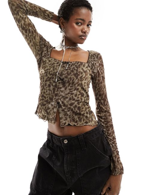 Reclaimed Vintage square neck mesh top with bows leopard print-