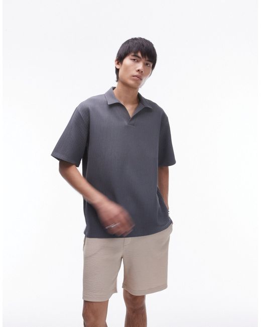 Topman short sleeve plisse polo shirt charcoal-