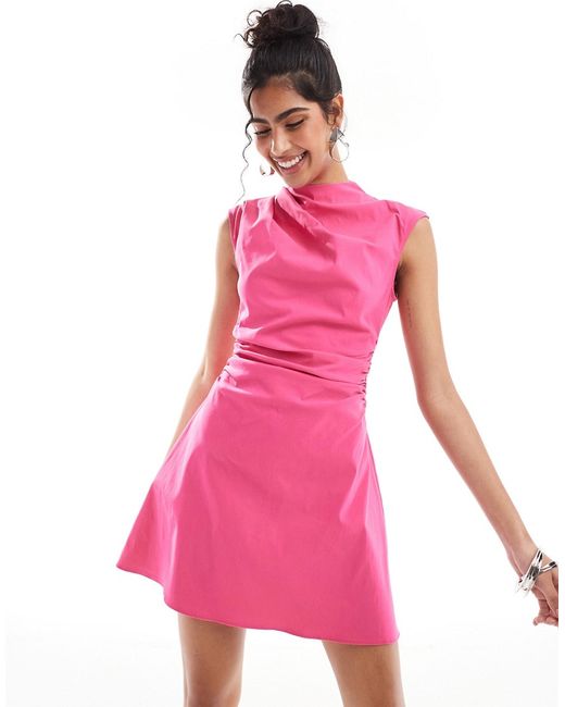 Asos Design bengaline high neck sleeveless mini dress with ruching detail magenta-