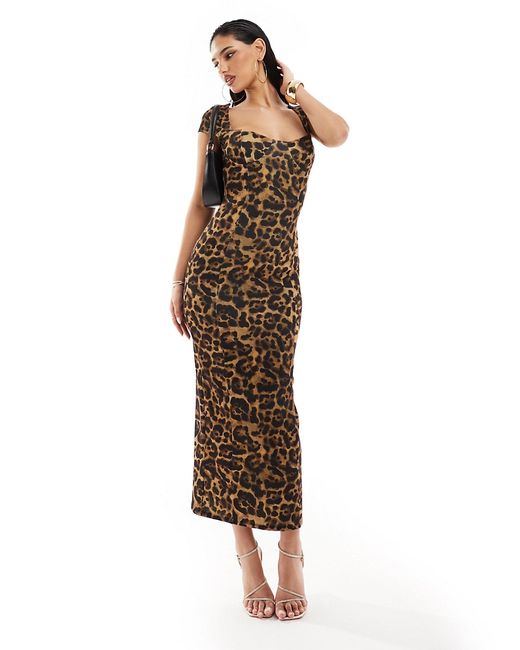 Asos Design cap sleeve sweetheart neck midi dress leopard print-