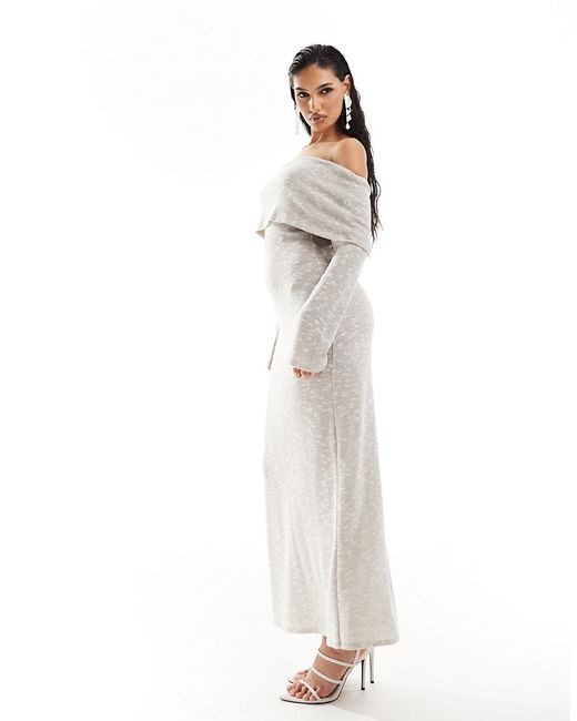Asos Design long sleeve lightweight textured bardot midi dress taupe-