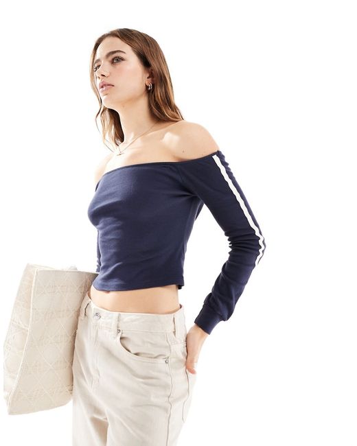 Pull & Bear off-the-shoulder sporty top with stripe detail part of a set
