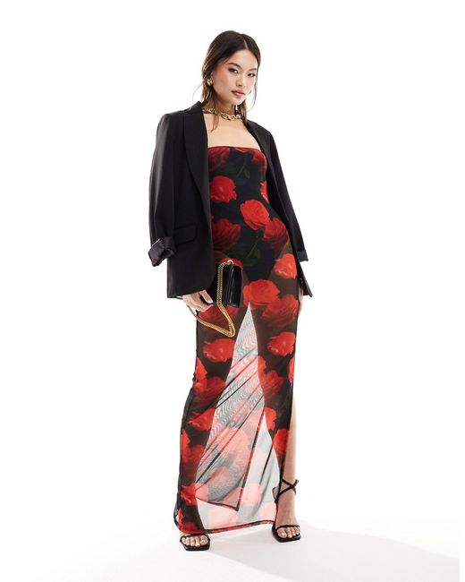 Asos Design mesh sheer cami maxi dress with body rose print-