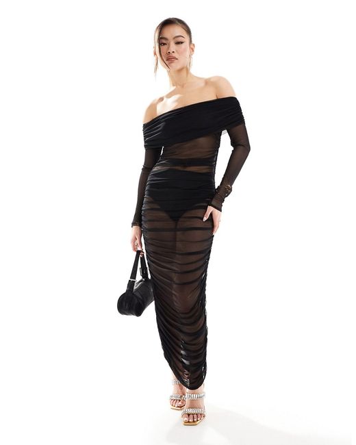 Asos Design mesh long sleeve bardot super ruched midi dress