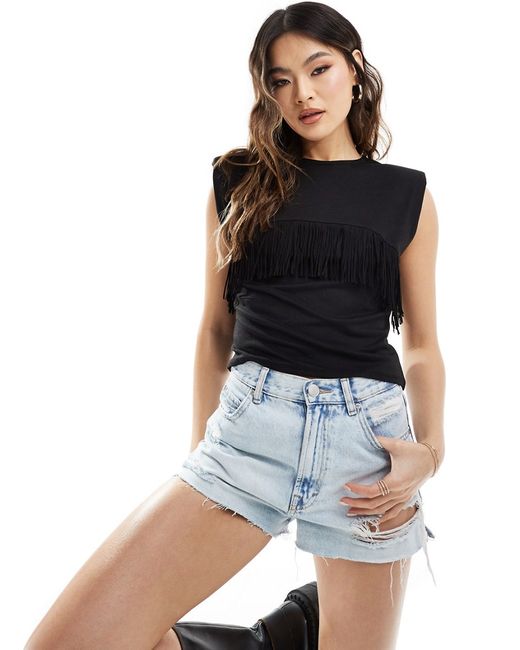 Asos Design tank top with suedette fringing and shoulder pads