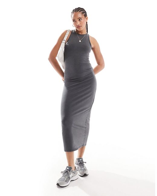 Pull & Bear racer neck midi dress washed charcoal