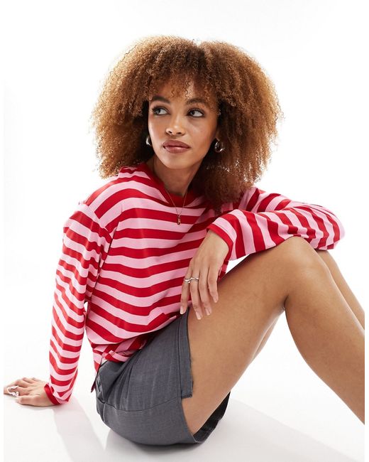 Monki long sleeve top red and pink stripes-