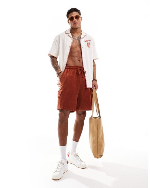 Asos Design ribbed velour shorts tan with cargo pockets-
