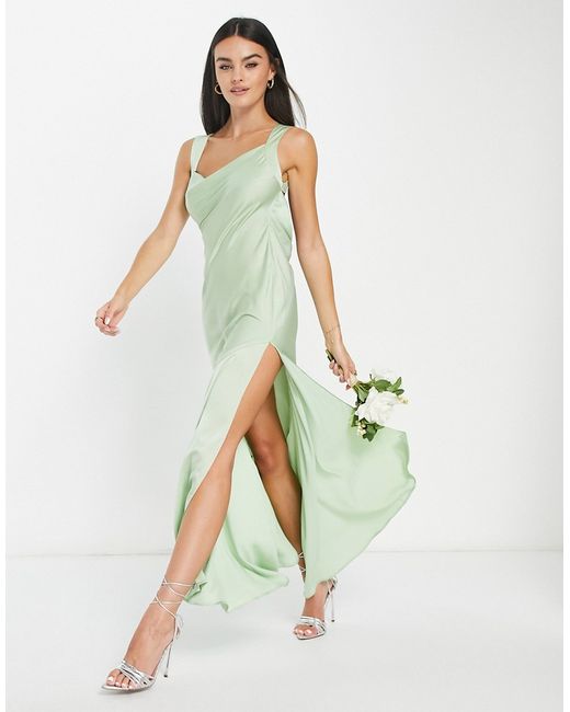 Asos Design Bridesmaid satin maxi dress with asymmetric bow back sage-