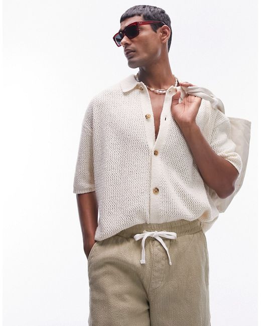 Topman button through crochet shirt ecru-