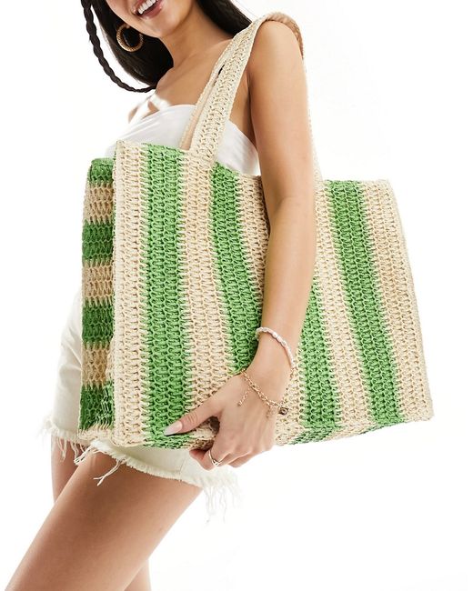 South Beach striped straw woven shoulder tote bag and natural