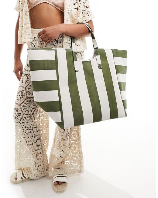 South Beach oversized shoulder tote bag khaki stripe-