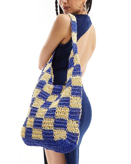 South Beach checkerboard crochet tote bag blue and yellow-