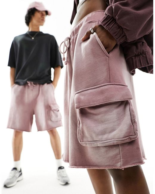 Asos Design oversized cargo shorts with raw hem washed burgundy-