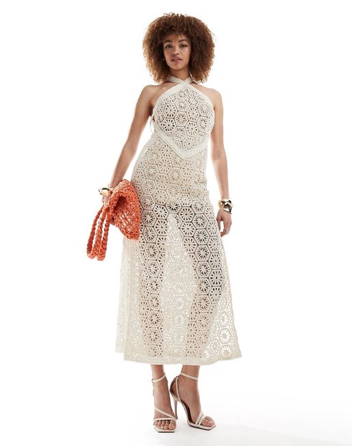 Amy Lynn crochet halter midaxi dress with cut out back detail natural-