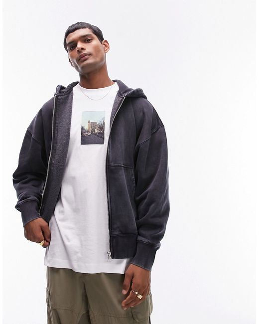 Topman premium heavyweight oversized fit acid wash zip up hoodie