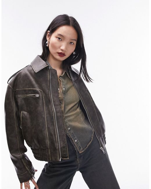 TopShop faux leather cropped collar bomber jacket washed