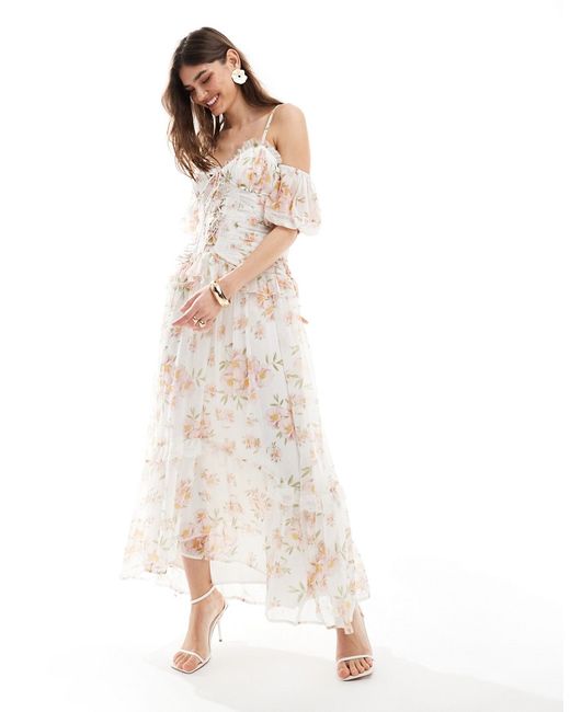 Asos Design lattice bodice bardot sleeve frill midi dress floral print-