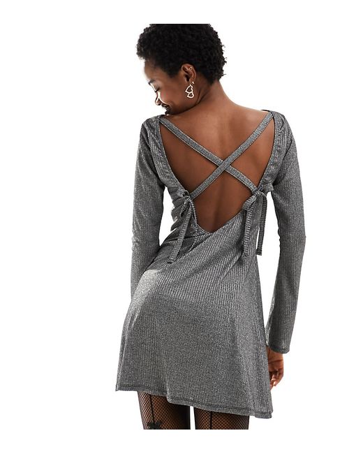 Reclaimed Vintage silver aline mini dress with bow back detail-