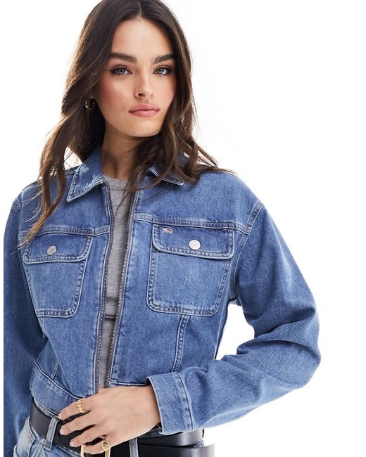 Tommy Jeans Clare cropped zipped denim jacket mid wash-