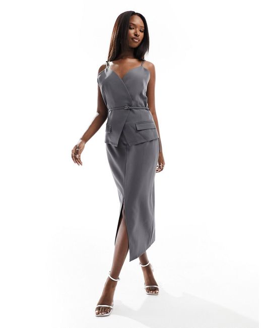Kaiia tailored buckle detail cami midaxi dress charcoal-