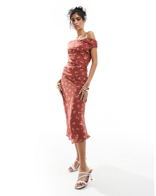 Asos Design fallen shoulder midi dress raspberry floral print-