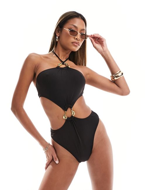 Simmi Clothing Simmi strappy halterneck cut out swimsuit with gold hardware detail
