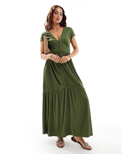 Asos Design v neck with cap sleeves lace inserts maxi dress olive-